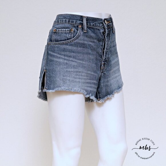 BDG Mid Rise Breezy Cotton Fray Hem Side Slit Denim Shorts - Picture 5 of 10